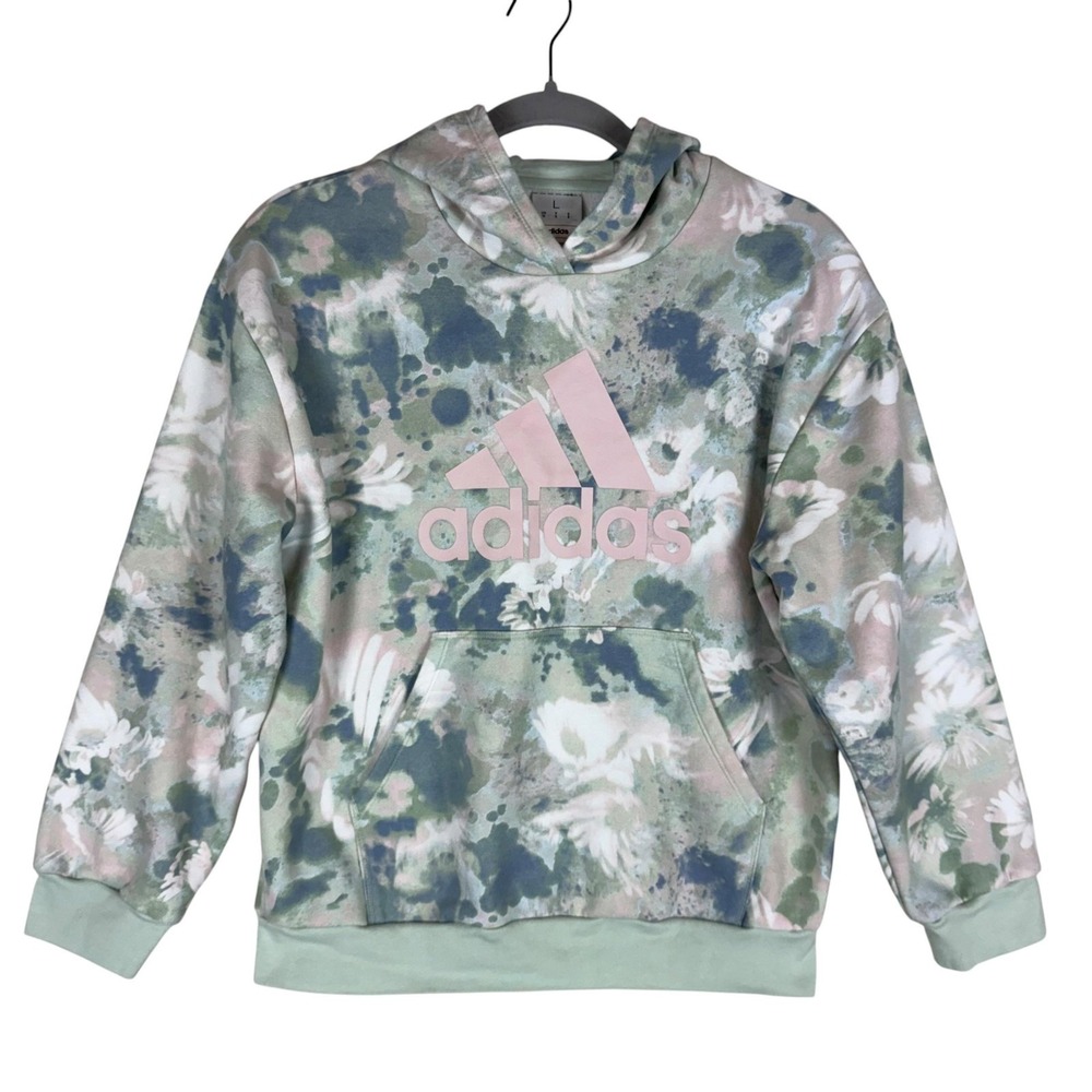 Adidas Hoodie Girls 14 Multicolor Pastel Floral Pullover Fleece Logo Kangaroo